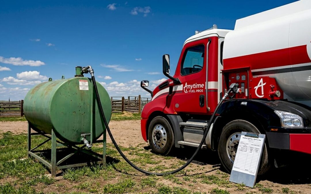 Diesel delivery truck fueling farm storage tank