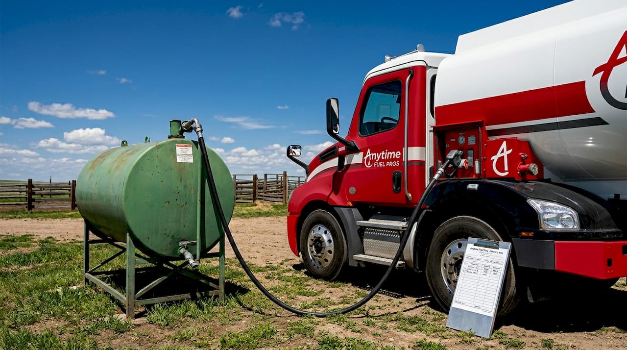 Diesel delivery truck fueling farm storage tank