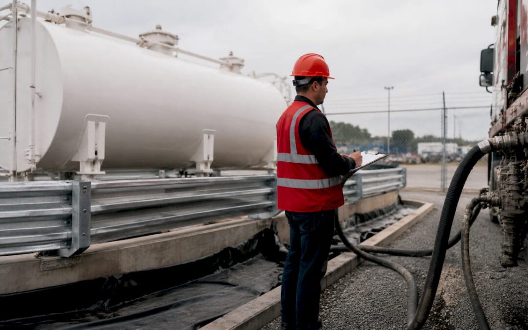 Operations manager inspecting diesel delivery tank