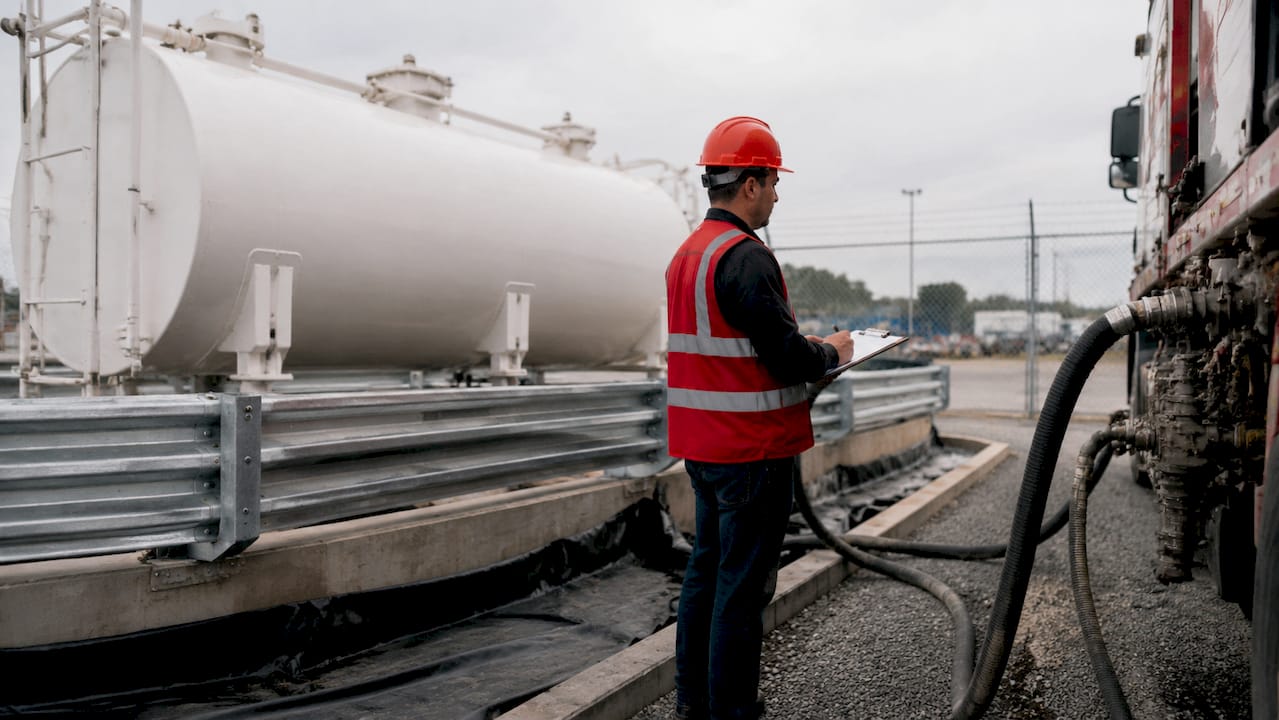 Operations manager inspecting diesel delivery tank