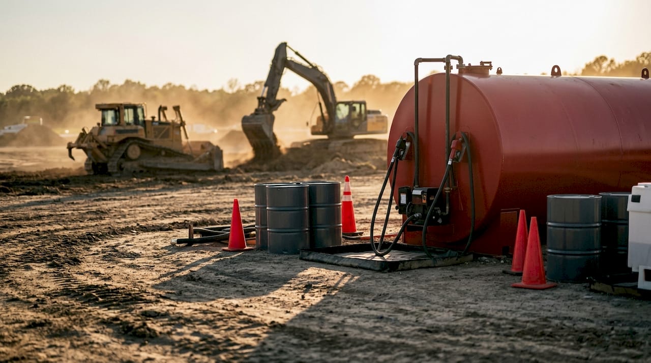 Construction manager inspecting onsite fuel tank
