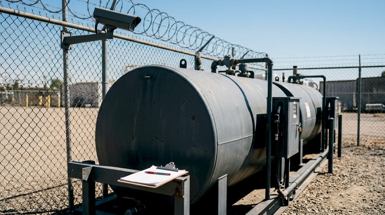 Operations manager inspecting secure fuel storage tanks