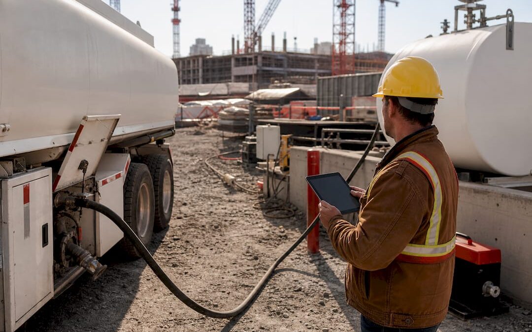 Site manager overseeing fuel delivery on construction site