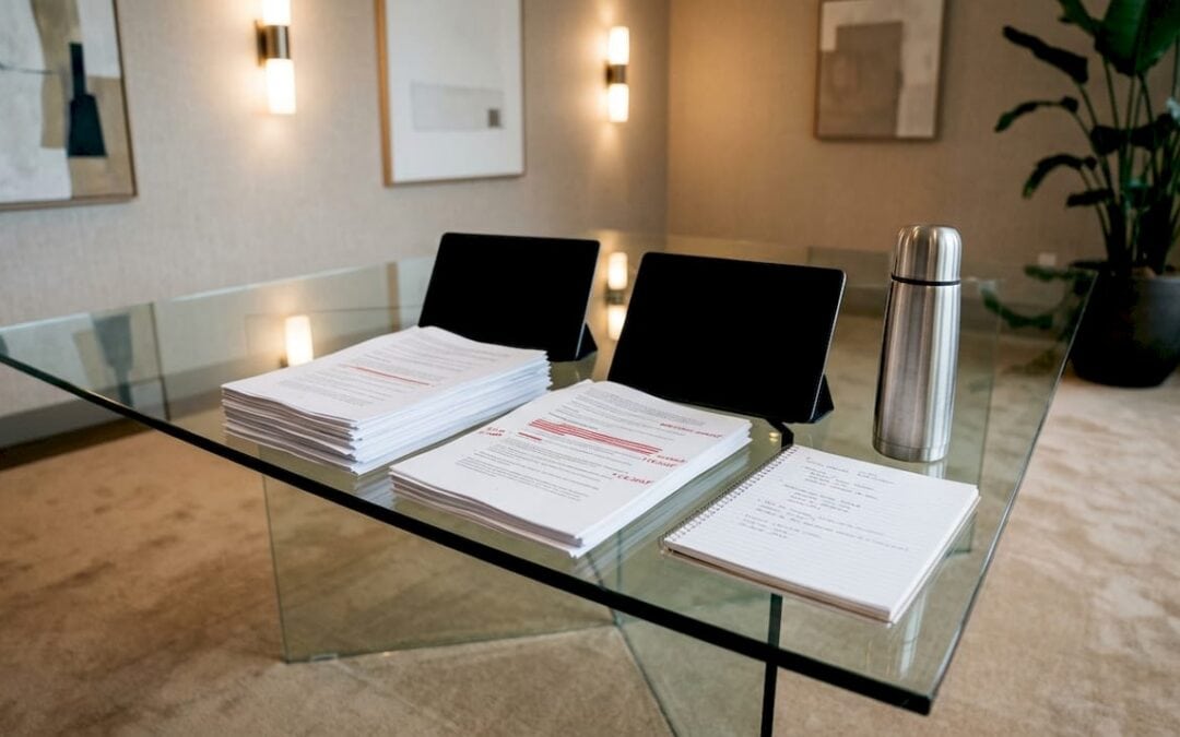 Documents and devices on conference table