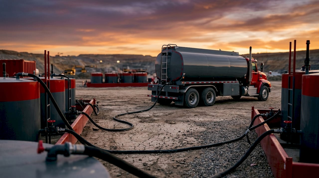 Bulk diesel tanker delivering fuel at mining site