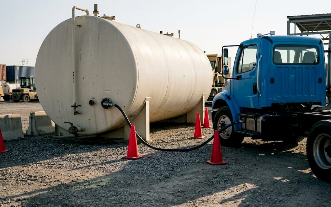 Outdoor bulk fuel tank fill with tanker truck and hose