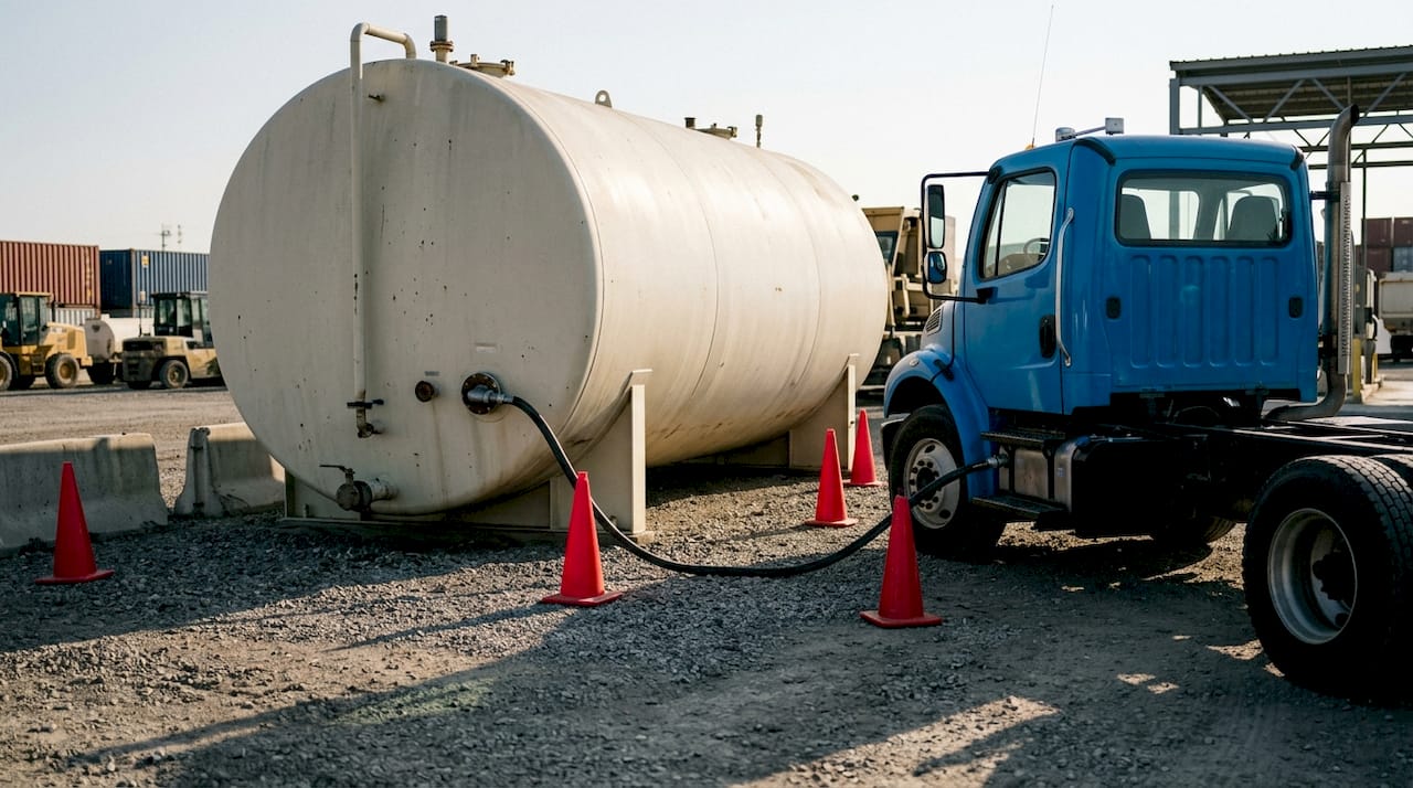 Outdoor bulk fuel tank fill with tanker truck and hose