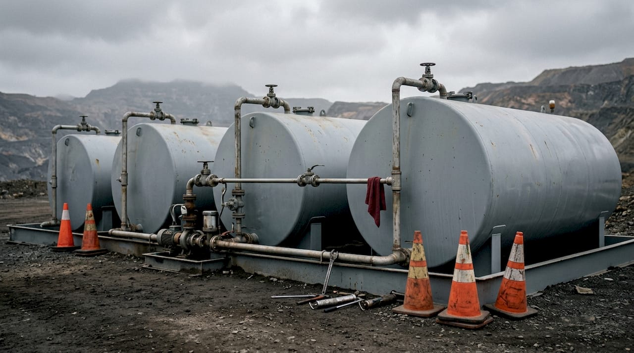 Unbranded steel bunded diesel tanks at mine site exterior