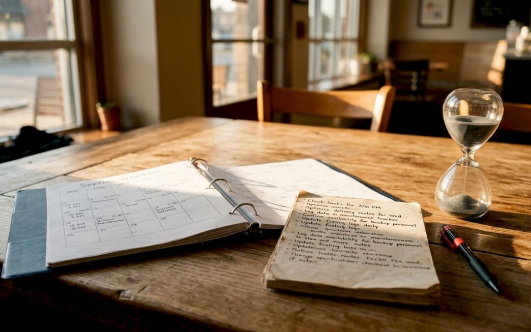 Heavy equipment fueling schedule on desk