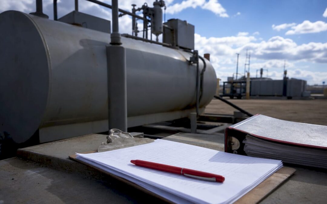 Clipboard with fuel delivery paperwork on metal platform