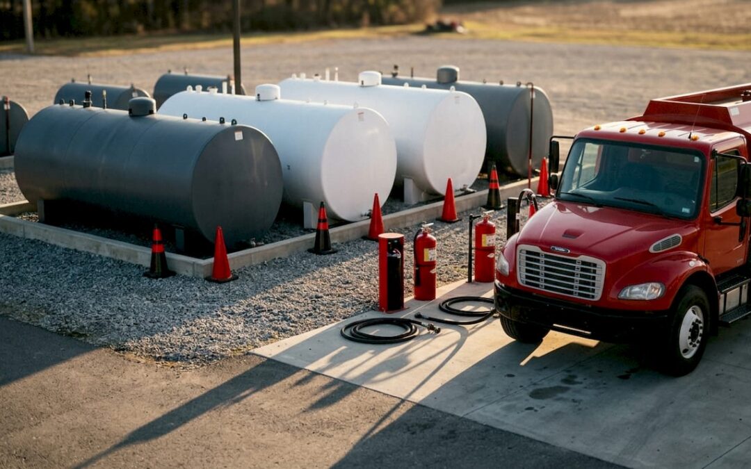Unbranded fuel tanks and delivery truck at commercial site