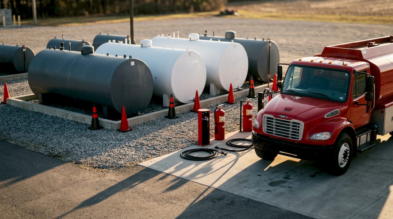 Unbranded fuel tanks and delivery truck at commercial site