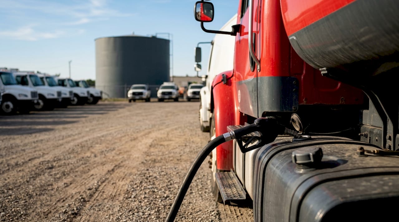 Fuel delivery truck refueling fleet vehicles outdoor