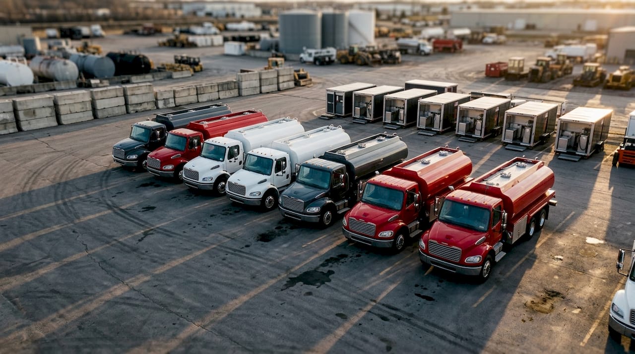 Lineup of emergency fuel deployment trucks at dawn