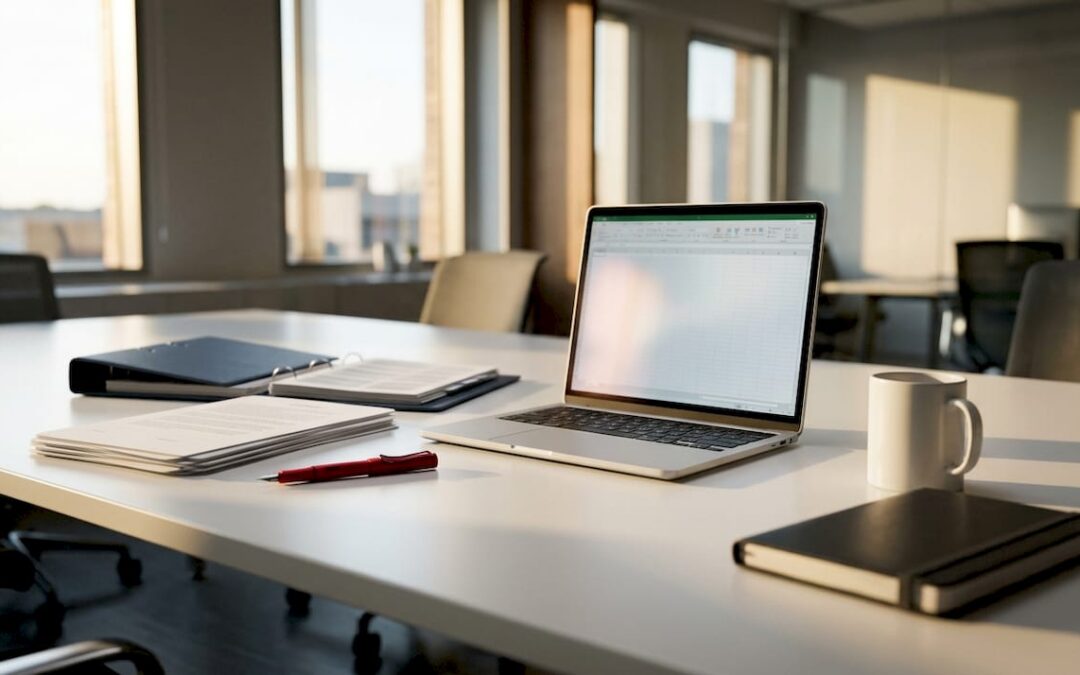 Contract papers and pen on dark conference room desk