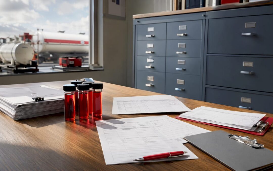 Documents and vial showing dyed diesel compliance