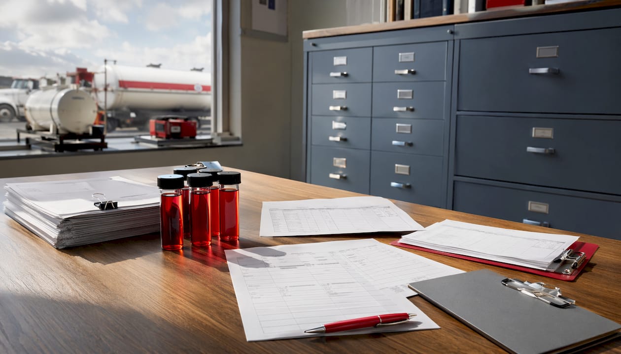 Documents and vial showing dyed diesel compliance