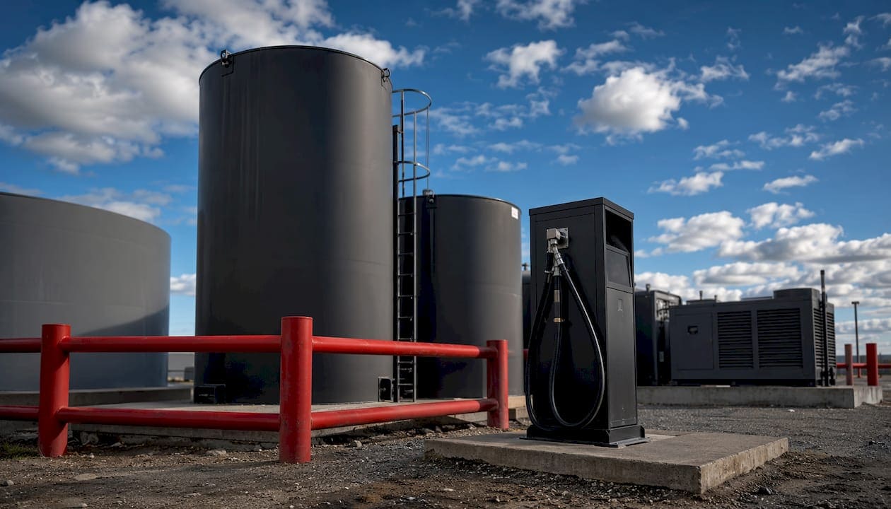 Unbranded fuel storage tanks and dispenser pump outdoor