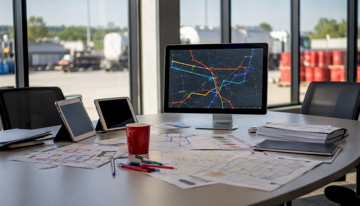 Logistics control room with route planning tools