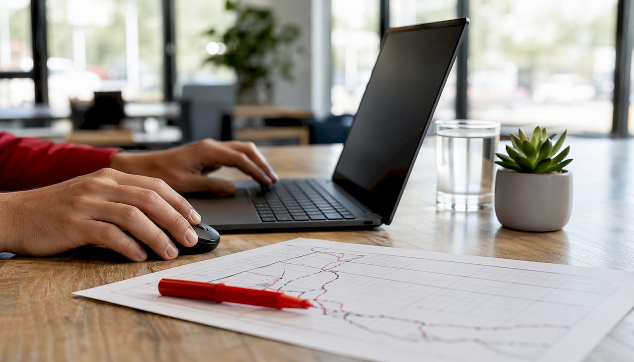 Close-up of hands typing on keyboard next to fuel scheduling paper