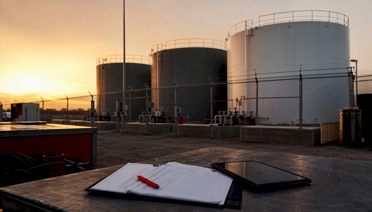 Bulk fuel tanks with scheduling clipboard outdoors