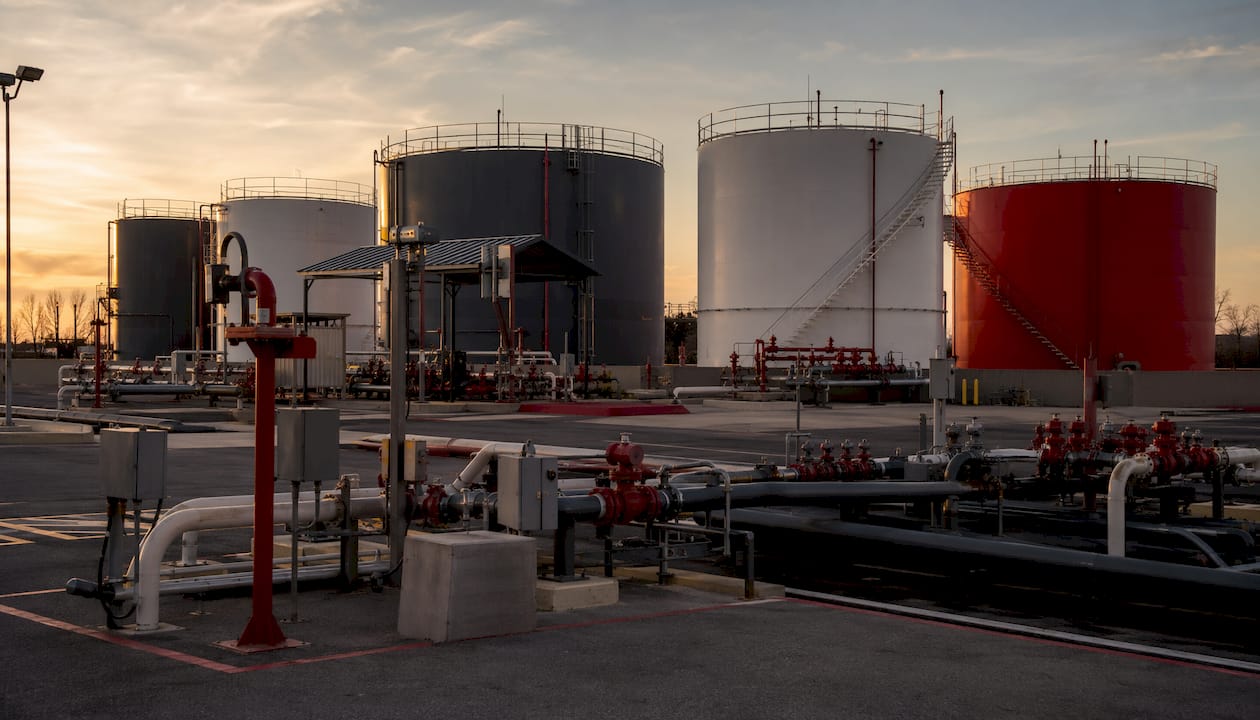 Industrial fuel storage tanks at facility