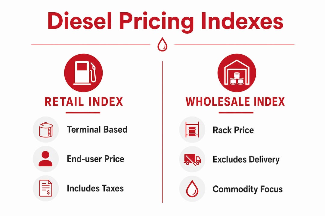 Diesel Pricing Indexes Explained for Operations Managers 2 Infographic comparing retail vs wholesale diesel pricing indexes