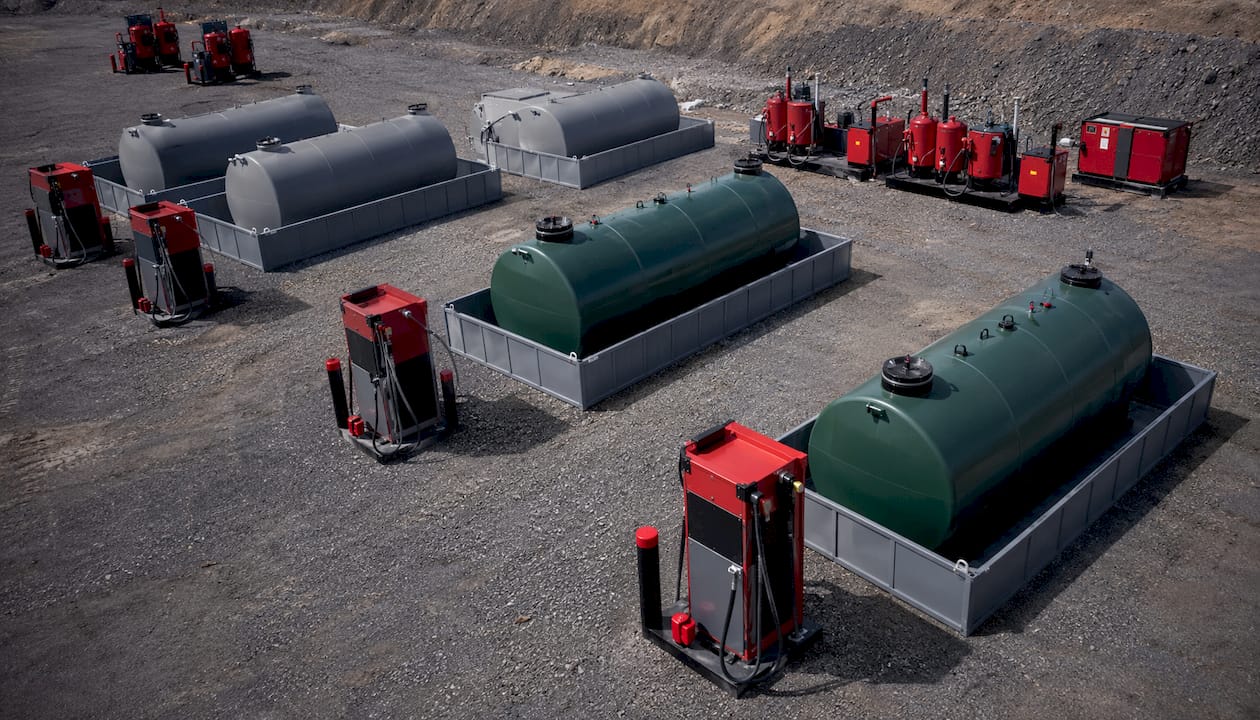 Aerial view of mining site fuel storage tanks