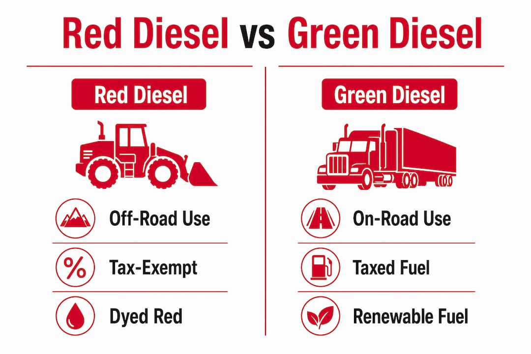 Red Diesel vs Green Diesel: Key Differences Explained 2 Infographic comparing red diesel and green diesel key traits