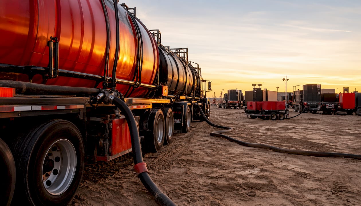 Unbranded semi-tankers and fuel trailers at frac site