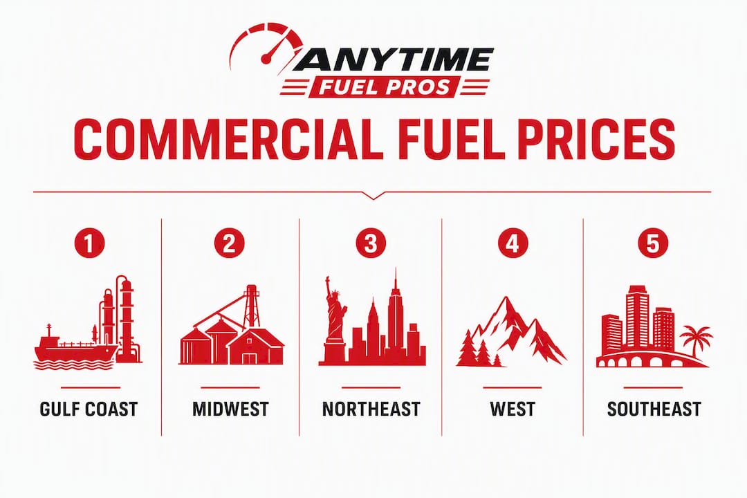 Which State Has the Cheapest Gas for Commercial Fleets? 1 Infographic showing ranked regions by fuel price