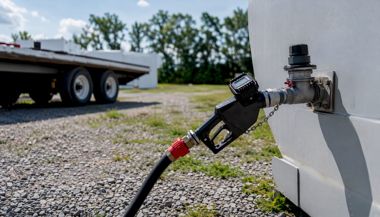Diesel fuel delivery hose and nozzle on tank