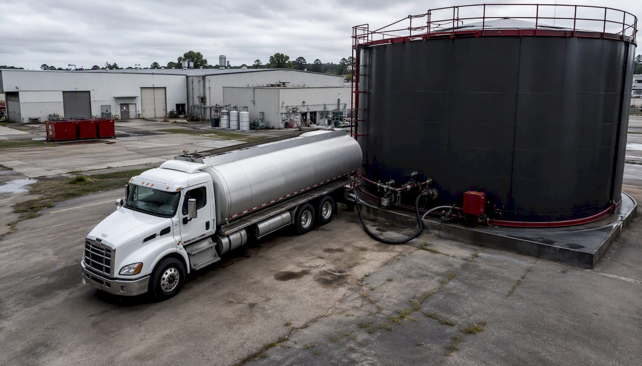 Unbranded diesel tanker truck at commercial fuel tank