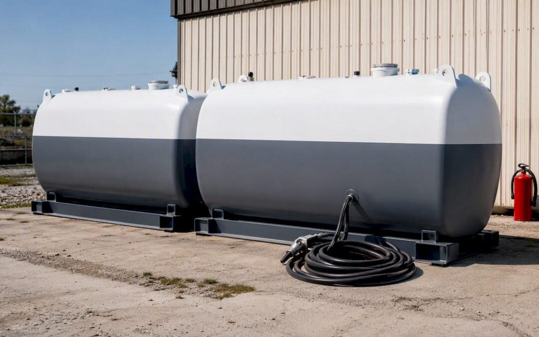Unbranded fuel storage tanks outdoors at industrial yard