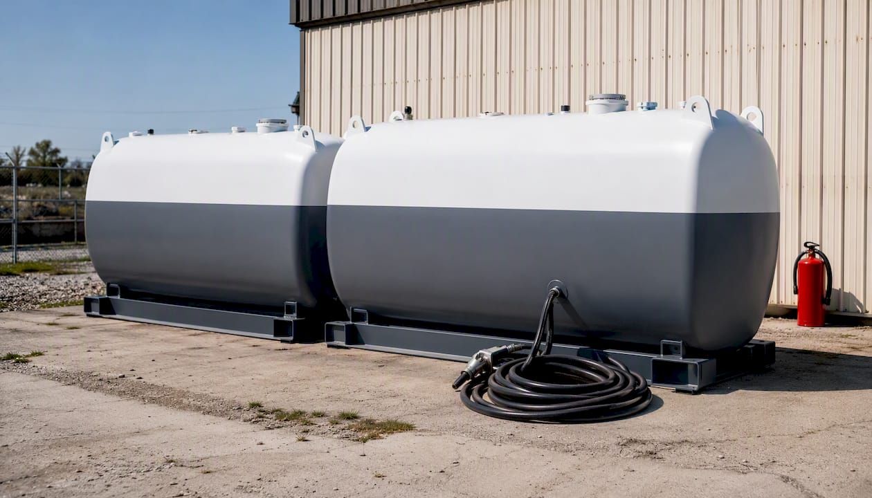 Unbranded fuel storage tanks outdoors at industrial yard