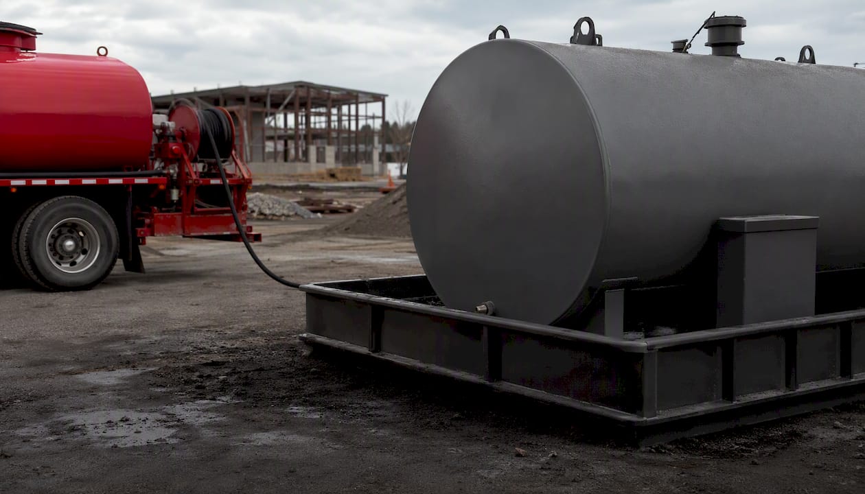 Fuel truck and storage tank at job site