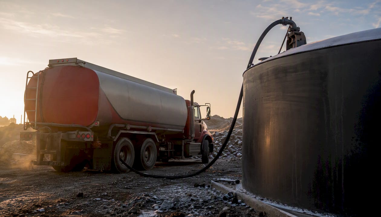 Fuel tanker delivering winter diesel at cold site
