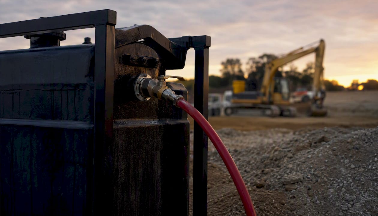 Red hose fueling unbranded off-road diesel tank