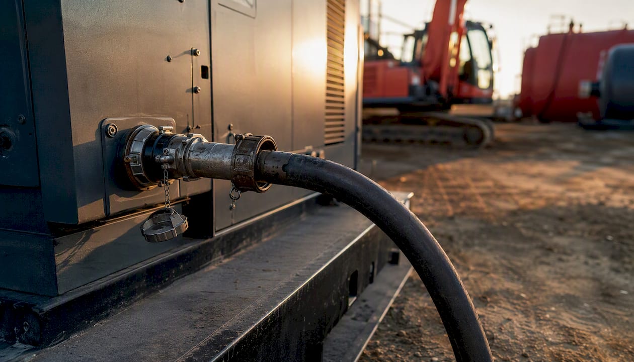 Fuel hose connected to diesel generator tank