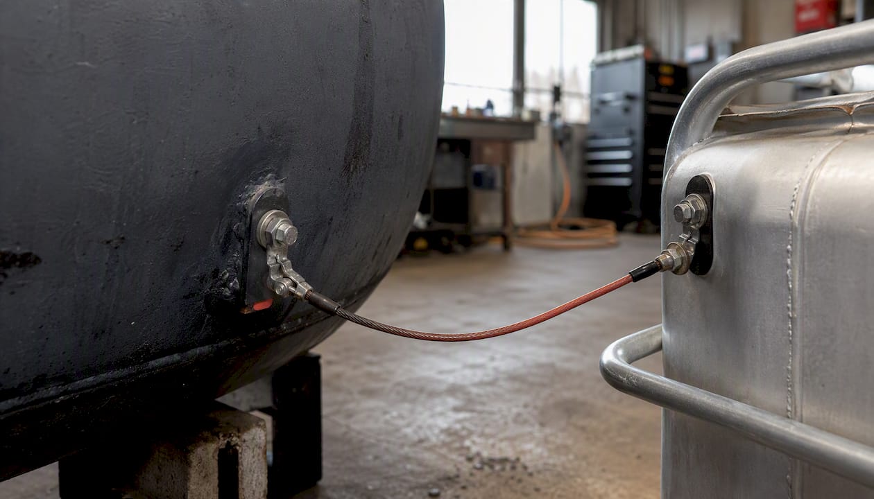 Grounding and bonding wires on diesel storage tank