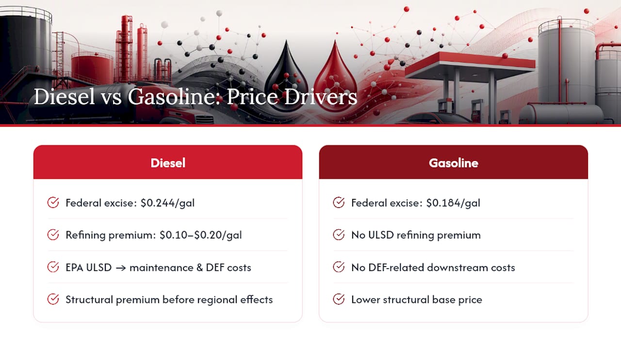 Diesel Calculator: Estimate Fuel Costs for Any Trip or Fleet 2 What Actually Drives the Price of Diesel — overview diagram