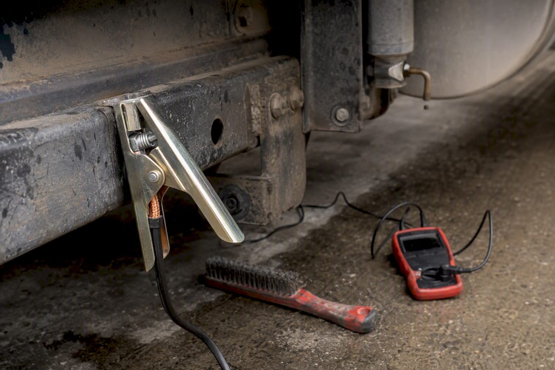 Grounding clamp connected to fuel truck