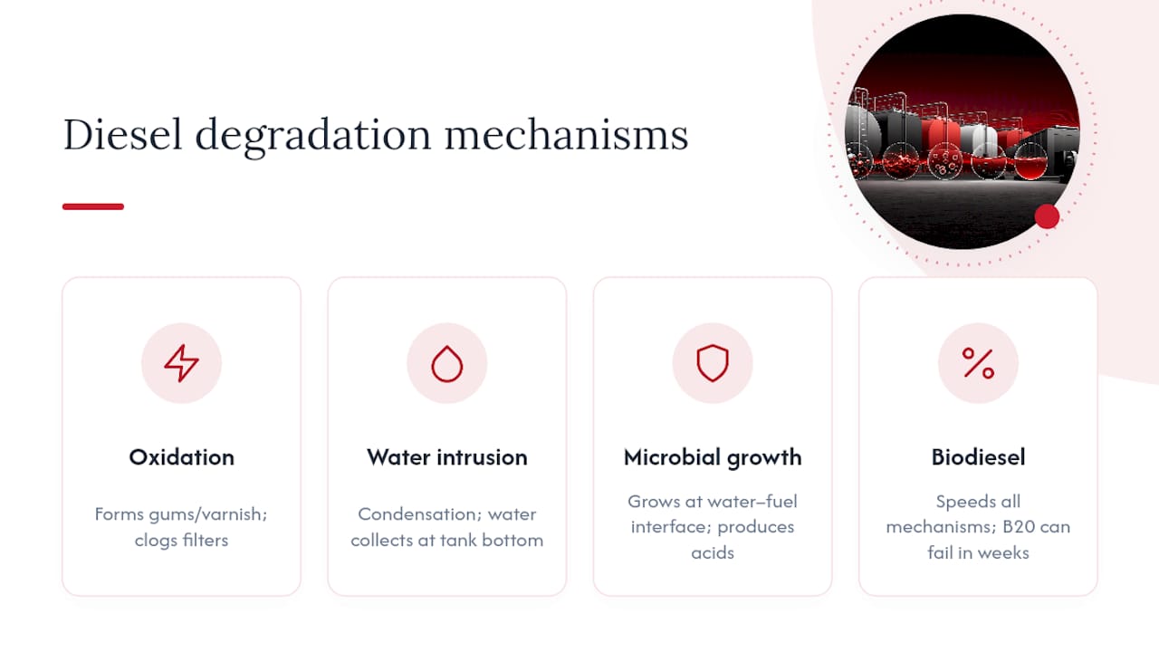 Keep Diesel Usable 6–36 Months: Tiered Storage for Facility Managers 1 Diesel fuel degradation mechanisms comparison