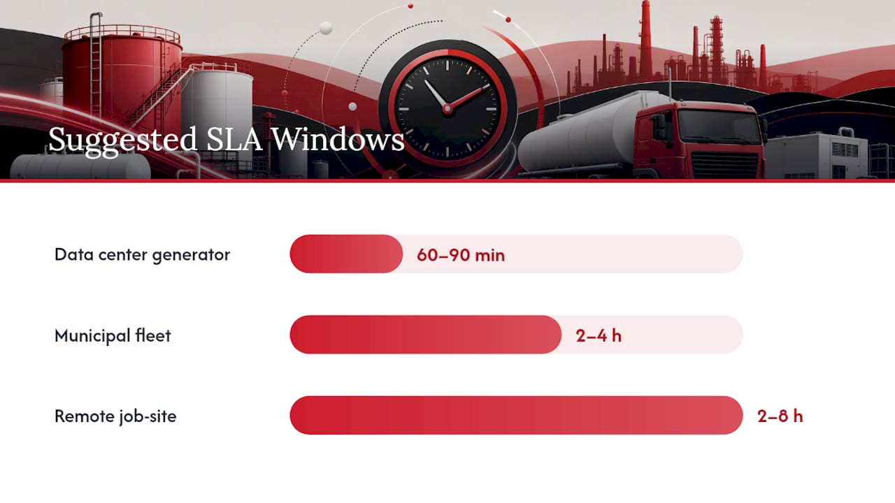 20–60 min to 24+ hr: Emergency Fuel Response Time Targets for Operations 2 Building SLAs and Reserves That Actually Shorten Downtime — overview diagram