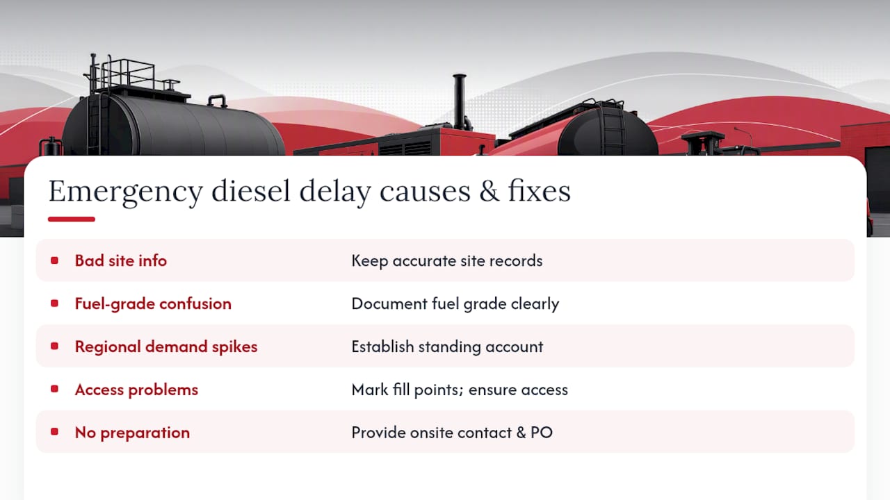 Stop Downtime: 5 Diesel Spill Response Actions for Facilities & Fleets 1 Five causes of emergency fuel delivery delays
