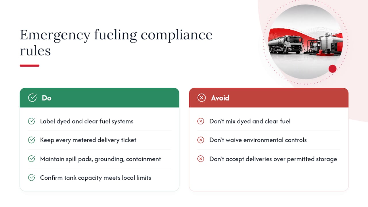 Stop Downtime: 5 Diesel Spill Response Actions for Facilities & Fleets 2 Compliance Rules to Follow During Emergency Fueling — overview diagram
