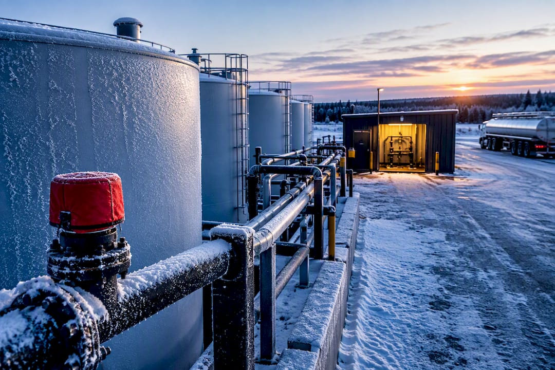Frost-covered fleet fuel compound at dawn