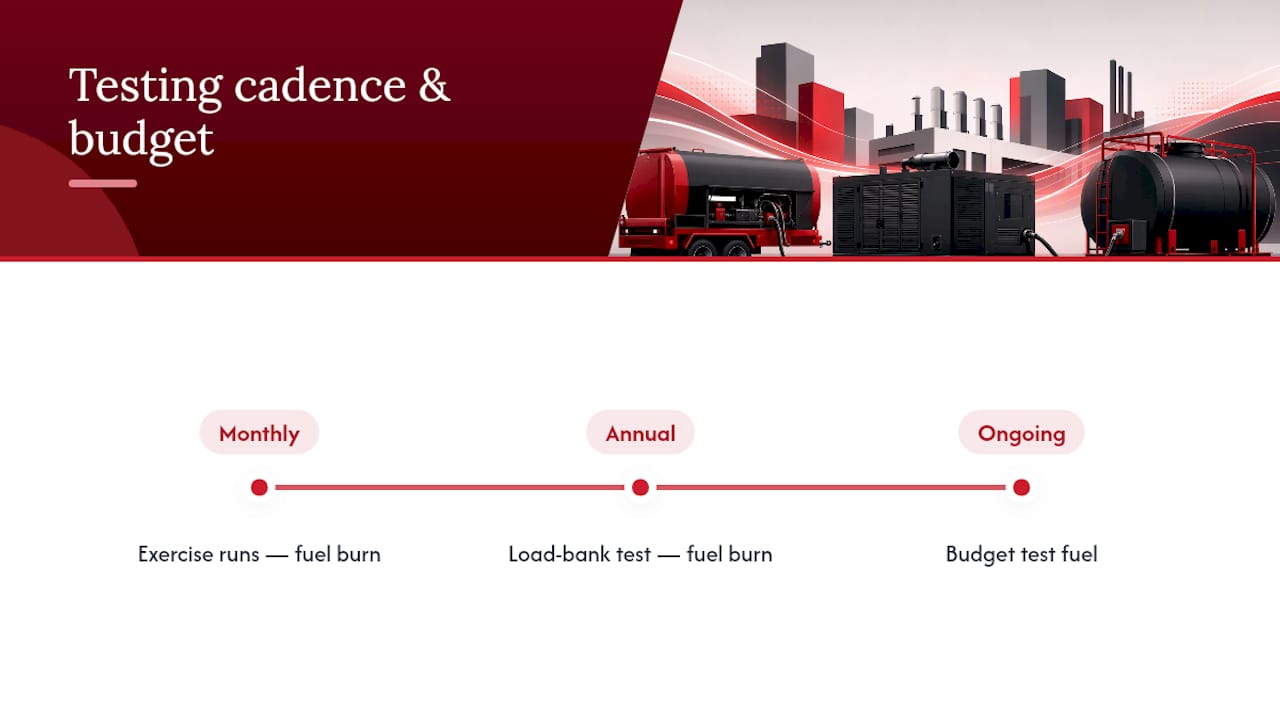 Generator Refueling Cost for Facilities Managers: 100 kW $370–$420/24h 1 Monthly and annual generator testing timeline