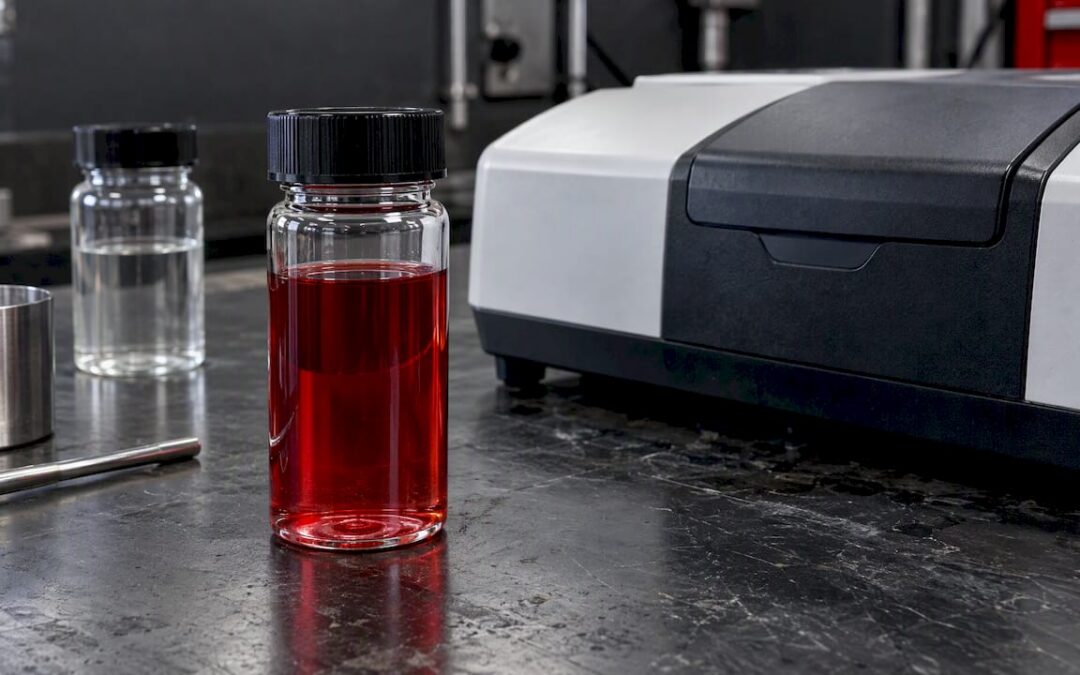 Red dyed diesel sample beside laboratory instrument
