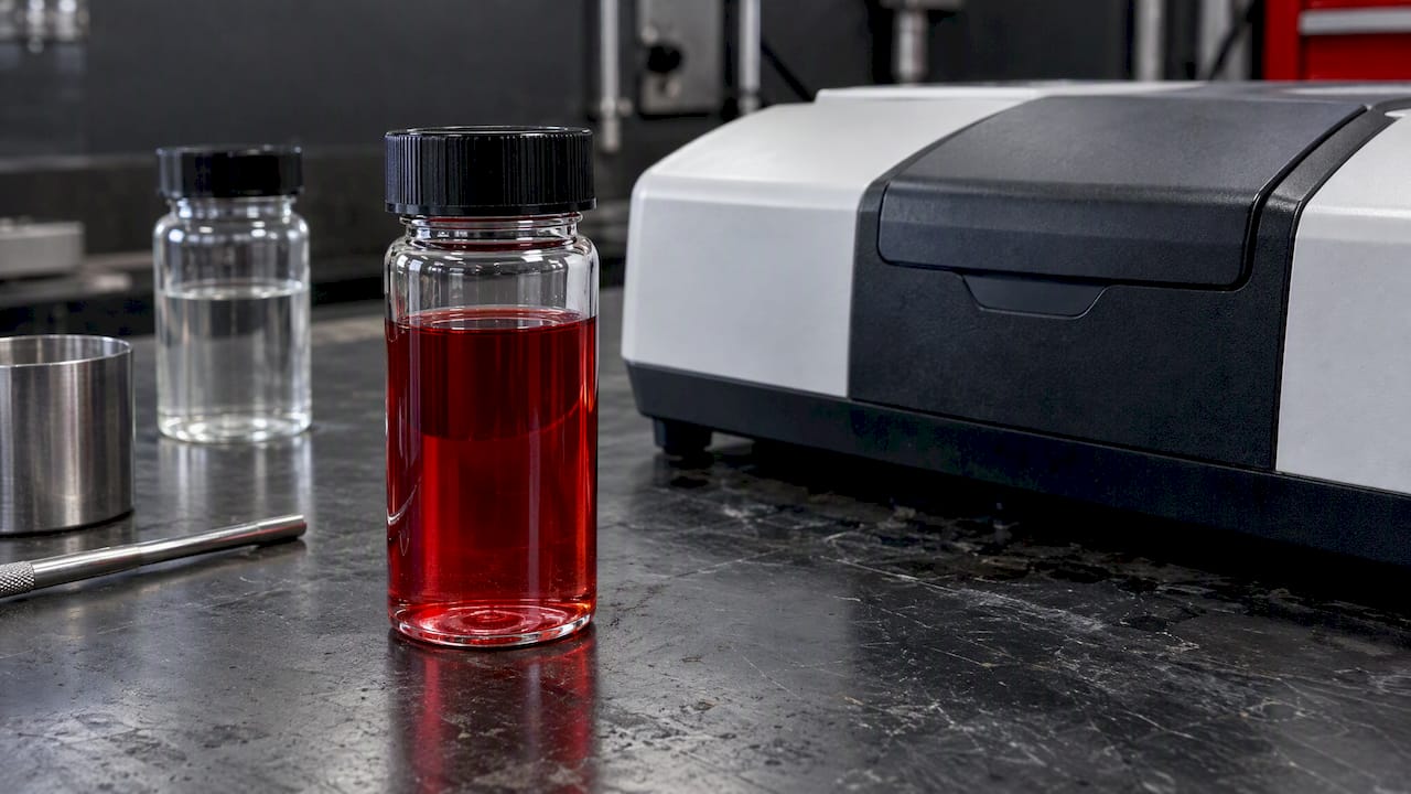 Red dyed diesel sample beside laboratory instrument